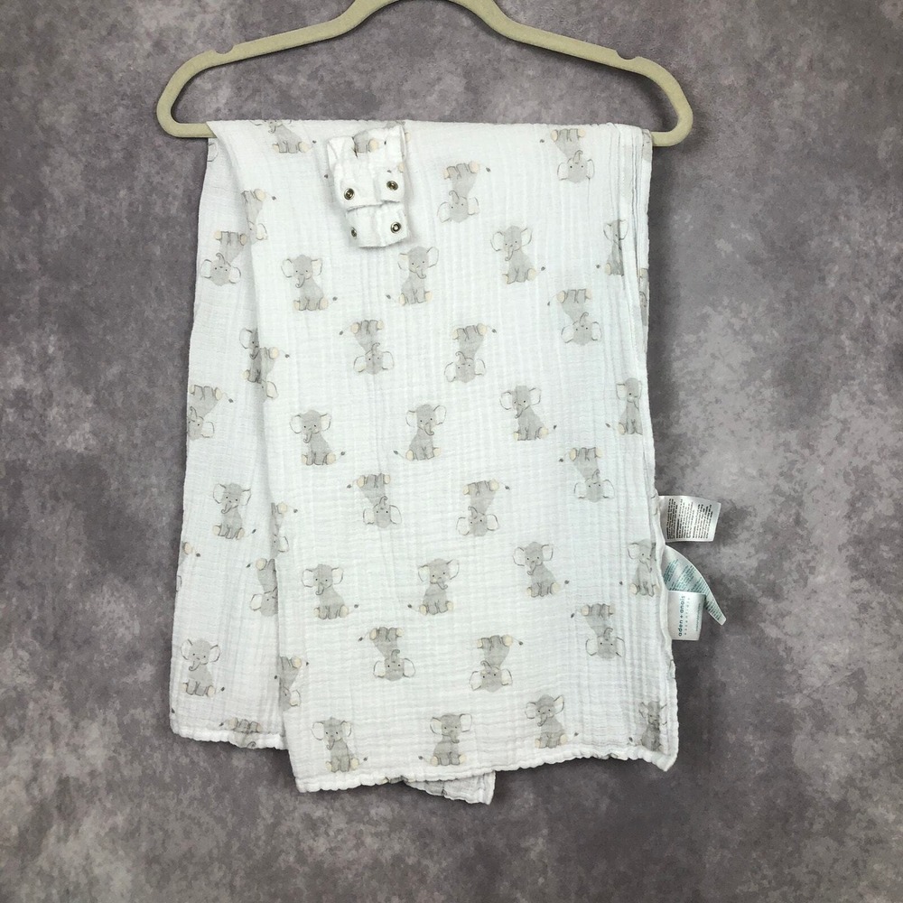 Aden‎ + Anais Elephant Muslin Muslin Swaddle Blanket Snap Closures Grey & White